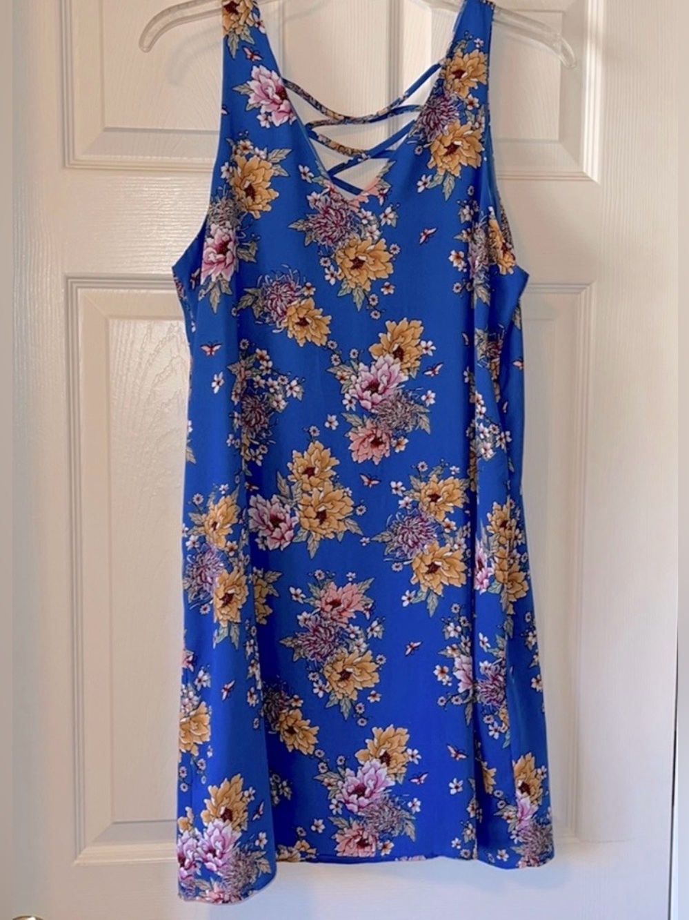 Pink Rose Royal Blue Floral Crisscross Mini Dress